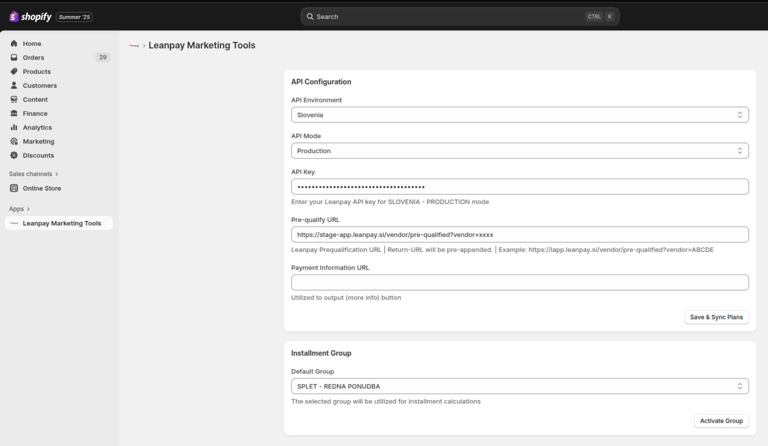 API Configuration v Leanpay Marketing Tools — vnos API Key, Pre-qualify URL in izbira Installment Group