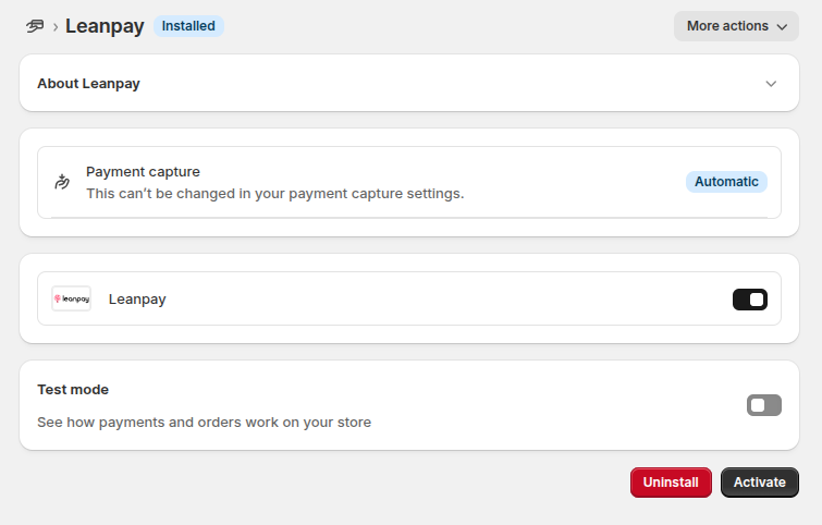 Leanpay v Shopifyju — gumb Activate