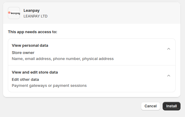 Shopify Install app — dovoljenja za Leanpay aplikacijo