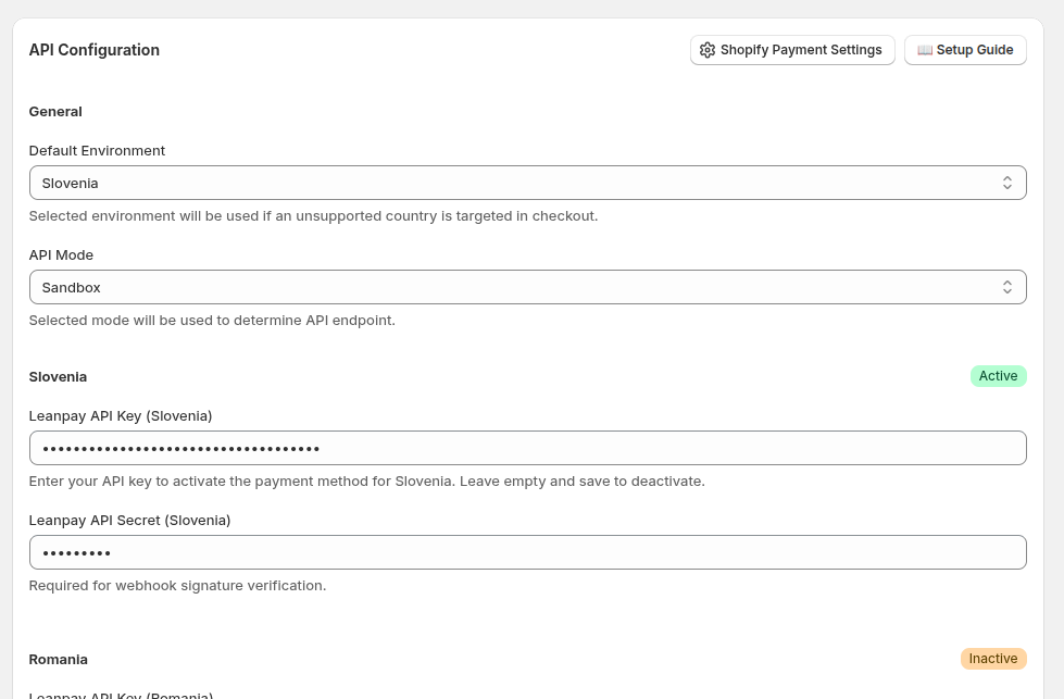 Leanpay API Configuration v Shopify — vnos API Key in Secret