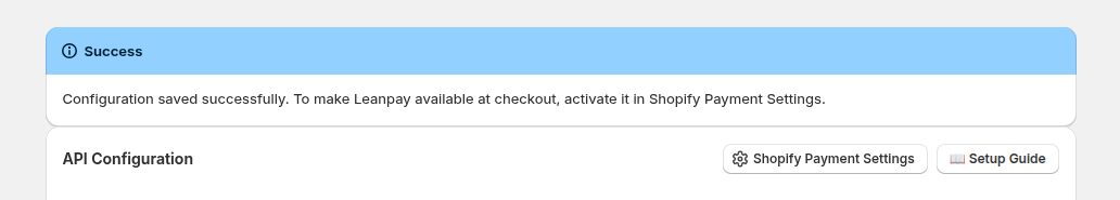 Configuration saved successfully — Leanpay je pripravljen za aktivacijo