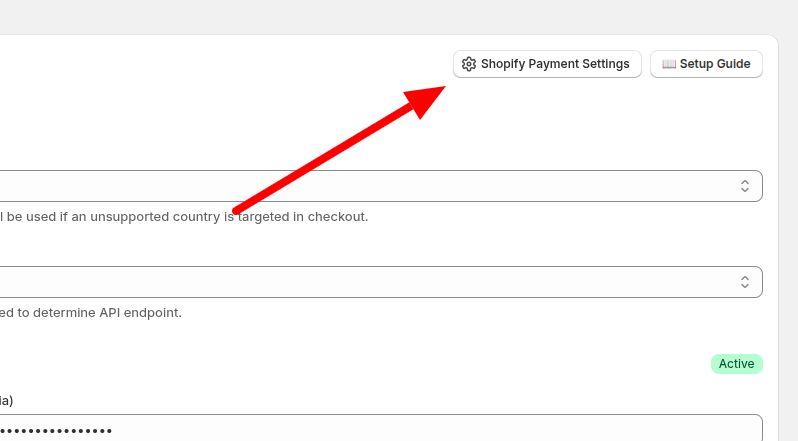 Gumb Shopify Payment Settings v konfiguraciji
