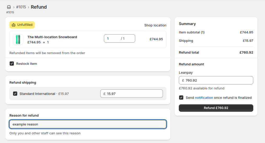 Primer pravilnega vračila v Shopify Admin — označeni vsi izdelki in stroški dostave