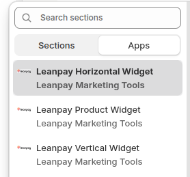 Shopify section picker s tremi Leanpay widgeti