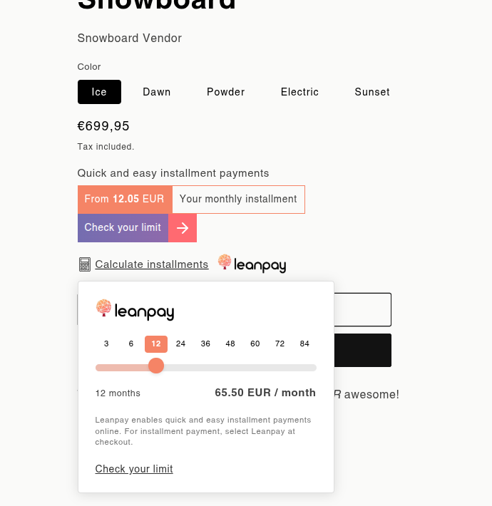 Product Widget na strani izdelka s kalkulatorjem obrokov